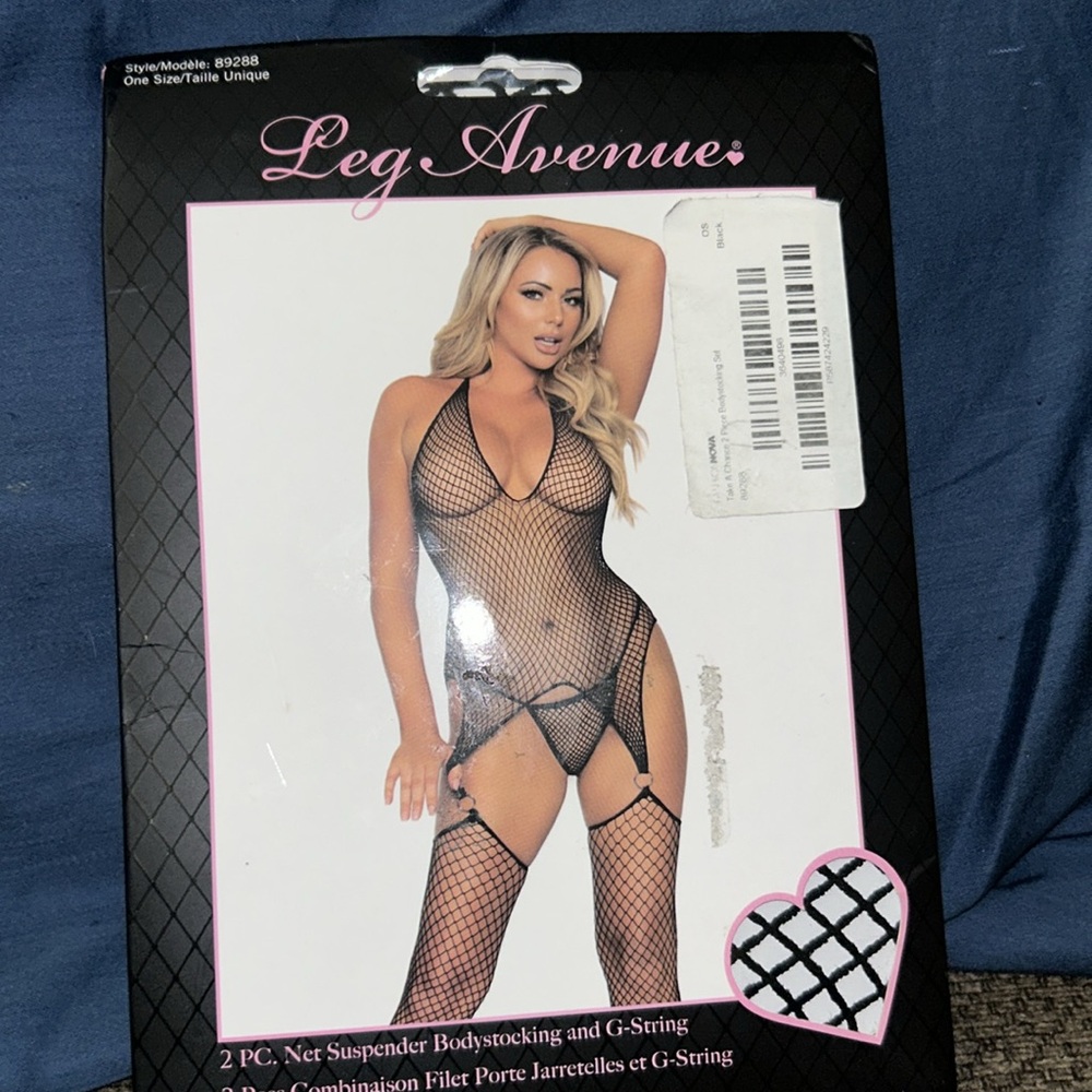 Leg Avenue Net Bodysuit Black 2 Pc Net Suspender And G String Black One Size. - Picture 2 of 4